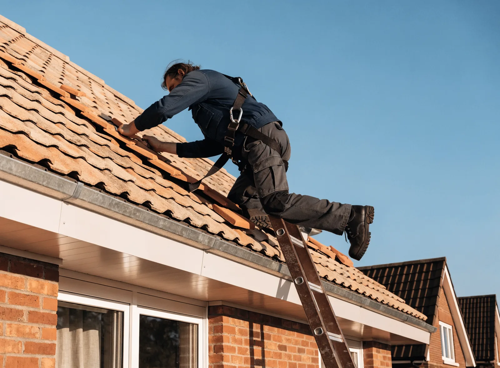 A roofer safely repairing tiles on a residential roof